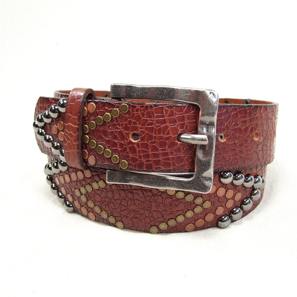 Unknown Other - Leather Belt Rivets & Spots Antiqued Brass Buckle
